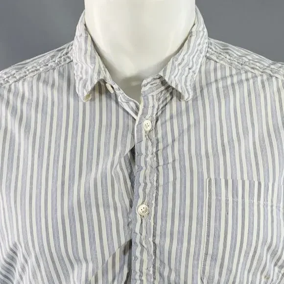 UNDERCOVER SS17 Size M White Stripe Cotton Ruched One Pocket Long Sleeve Shirt